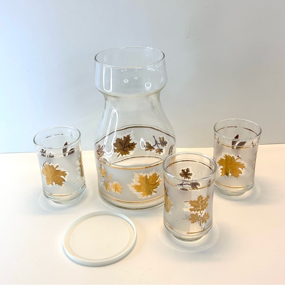 Vintage Libbey 3 Juice Glasses Gold Maple Leaf Frosted Lidded Kraft Pitcher MCM - Picture 2 of 12